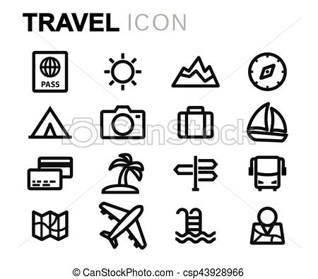 450x395 Vector Line Travel Icons Set On White Background.