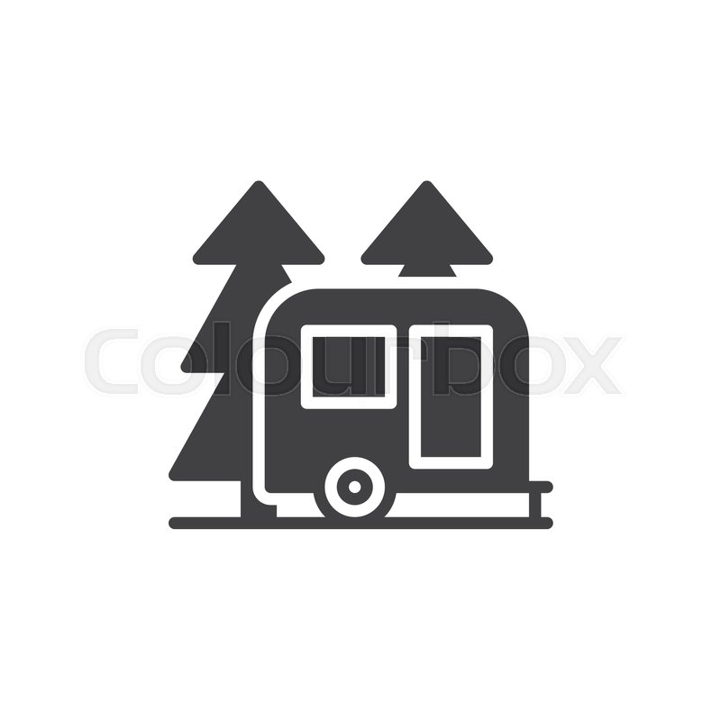 800x800 Travel Camper Trailer In Forest Icon Vector, Filled Flat Sign