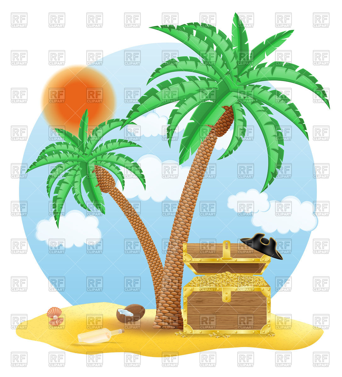 1087x1200 Treasure Chest On The Beach Under A Palm Tree Vector Image