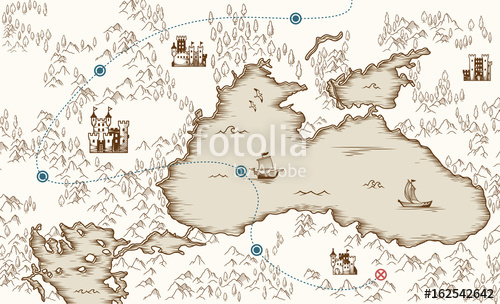 500x304 Medieval Cartography, Old Pirate Treasure Map, Vector Illustration