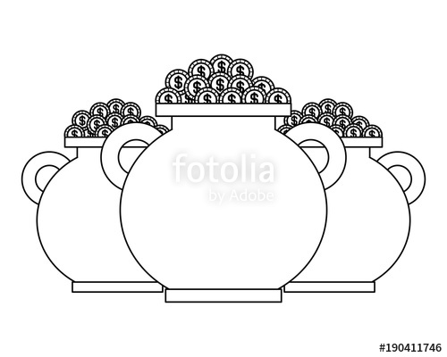 500x400 Three Pot Full Coins Treasure Vector Illustration Outline Design
