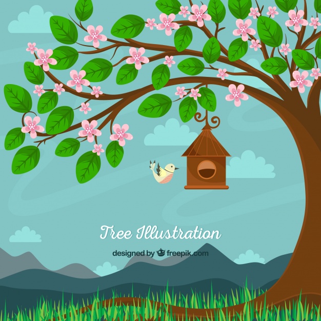 626x626 Pretty Background Of Tree With Flowers And Bird Vector Free Download