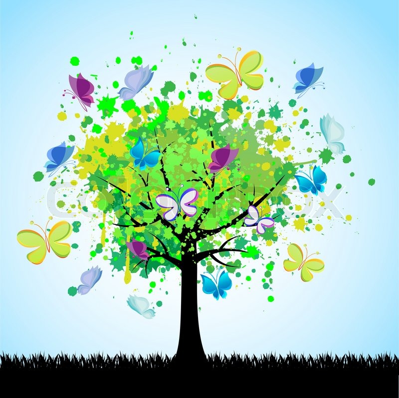 800x799 Abstract Colorful Tree And Butterfly. Vector Background. Stock