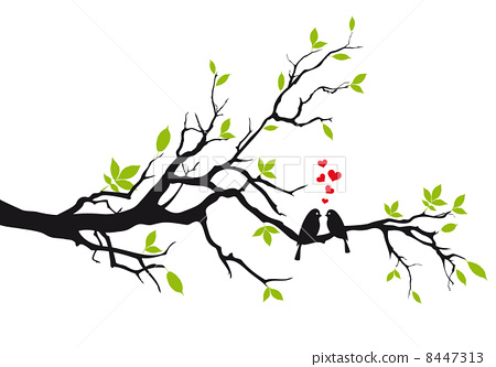 450x333 Love Birds With Red Hearts Sitting On Spring Tree Branch, Vector