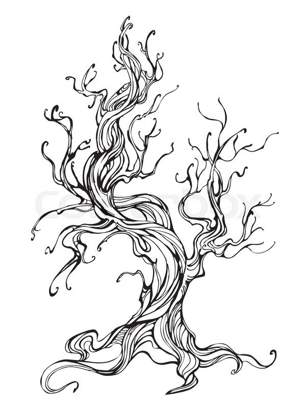 594x800 Artistically Drawn Old Tree Outline On A White Background. Tattoo