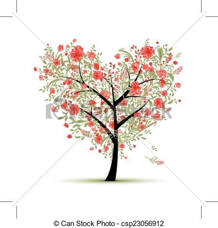 450x470 Floral Love Tree For Your Design, Heart Shape, Vector Illustration.