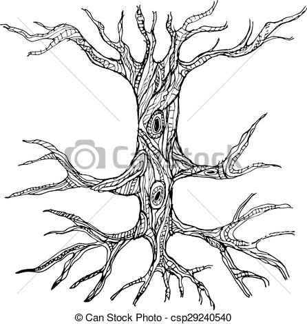 446x470 Ornate Bare Tree Trunk With Roots. Vector Illustration.