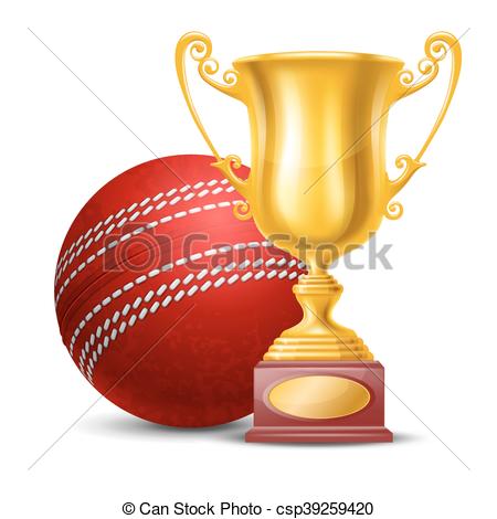 450x470 Realistic Golden Trophy Cup And Red Cricket Ball. Isolated On