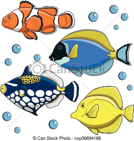448x470 Set Of Vector Tropical Fish. Isolated Objects On White.