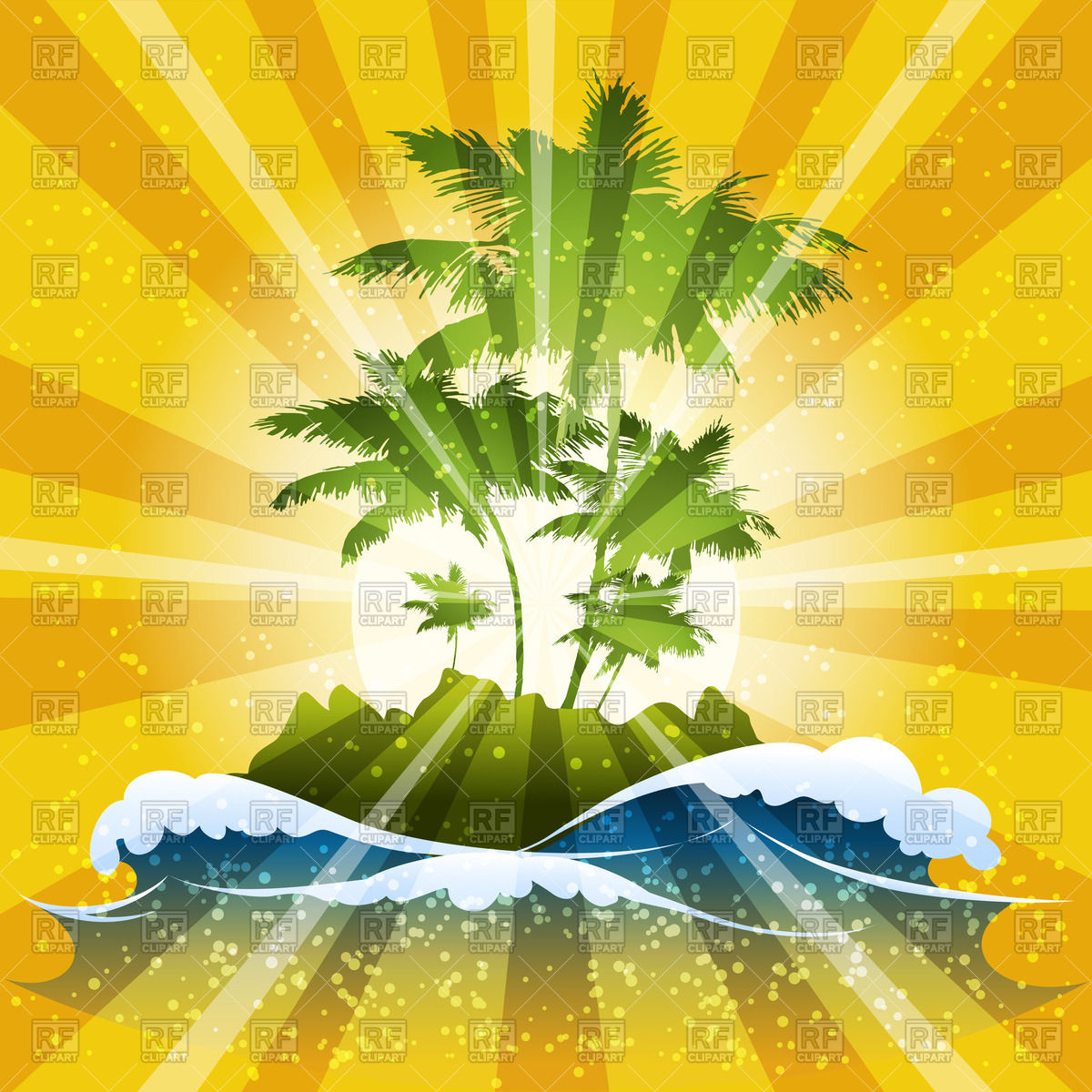 1200x1200 Tropical Island With Waves And Palm Trees On Sunbeams Background