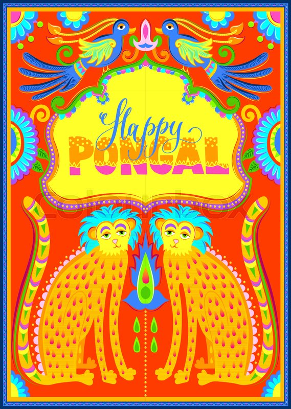 569x800 Happy Pongal Celebration Banner In Truck Art Kitsch Style To
