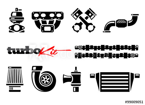 500x362 Vehicle Turbo Kit Performance Car Parts Icons Set. Vector