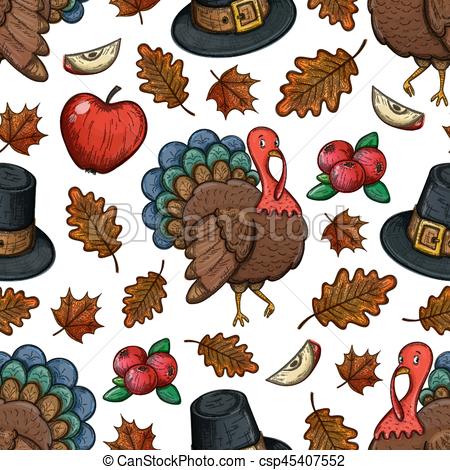 450x470 Seamless Pattern With Turkey. Colorful Sketch Seamless Pattern