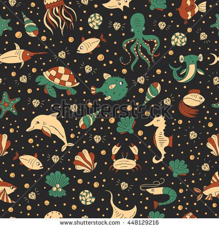 450x470 Vector Seamless Pattern With Sea Animals Octopus, Fishes, Shells