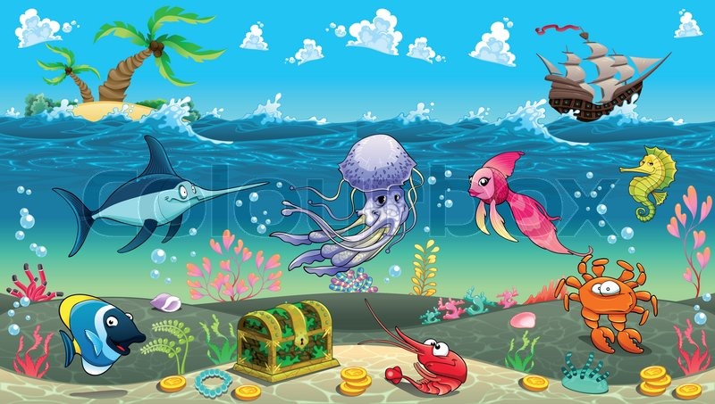 800x453 Funny Scene Under The Sea. Vector Cartoon Illustration Stock