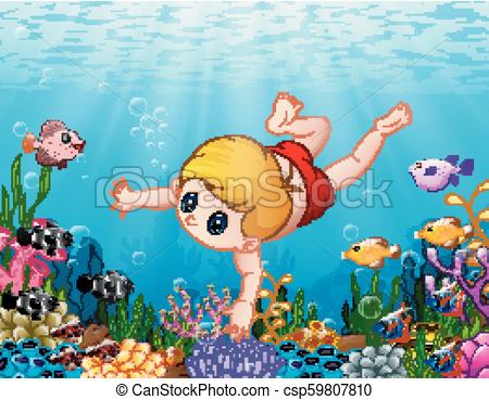 450x369 Vector Illustration Of Little Boy Swimming Under The Sea.