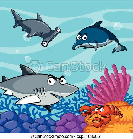 450x470 Wild Sharks Under The Sea Illustration.