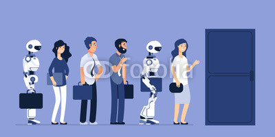 400x200 Robots And People Unemployment. Android And Man Competition For