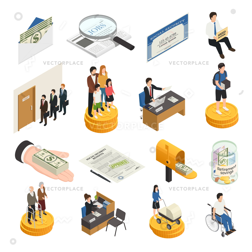 1000x1000 Social Security Isometric Icons Unemployment Supports Vector