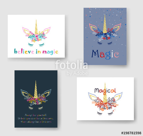 500x475 Unicorn Horn In Floral Wreath Tiara Illustration On Cards Set