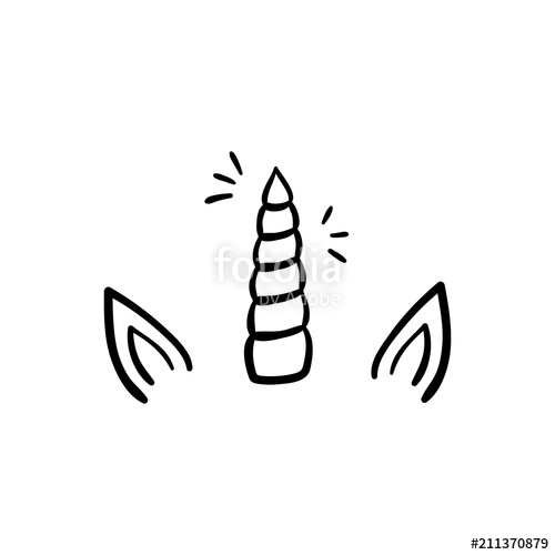 500x500 Unicorn Horn With Ears And Sparkles, Vector Hand Drawn