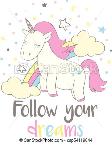 368x470 Magic Cute Unicorn In Cartoon Style With Hand Lettering Follow