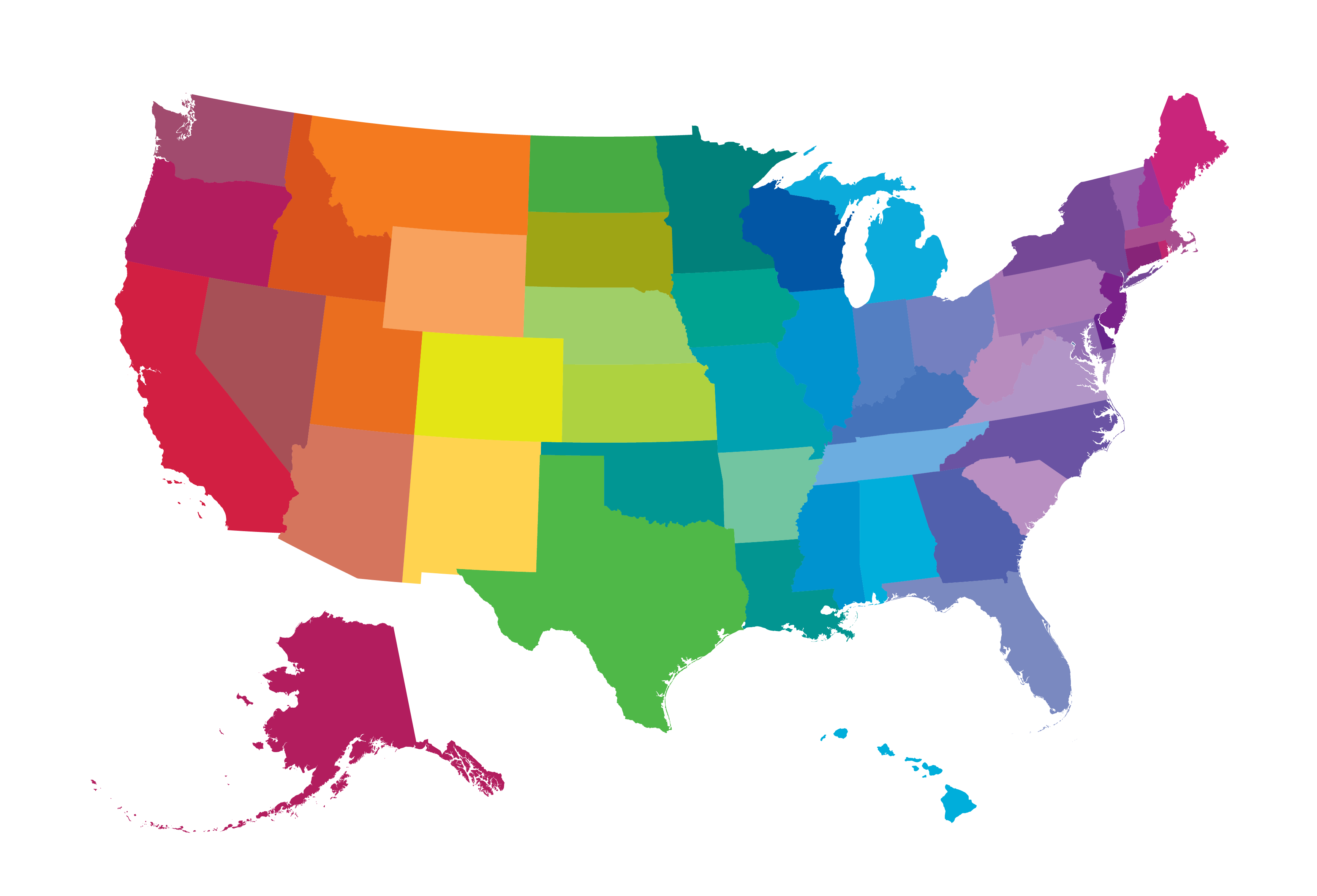 Карта США. Территория США на прозрачном фоне. Территория США без фона. Карта США цветная. State coloured
