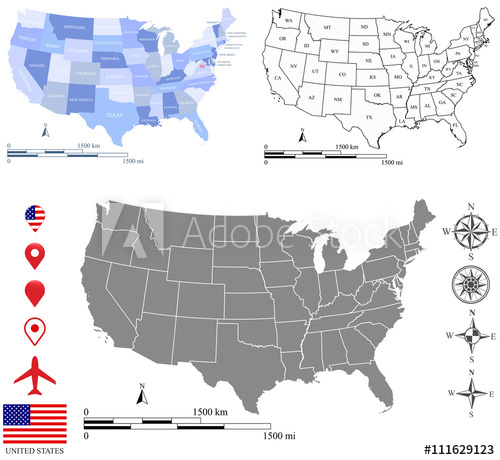 500x460 Usa Map Vector Outline With Scales Of Miles And Kilometers, Us