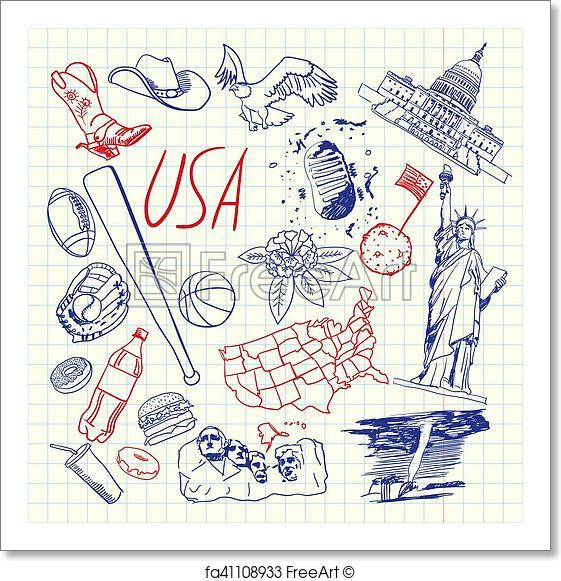 561x581 Free Art Print Of Usa Symbols Pen Drawn Doodles Vector Collection