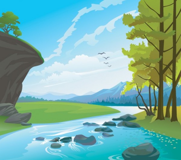 600x531 Peaceful Valley Mountains Amp Stream Vector Background