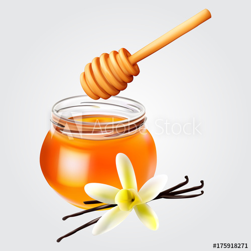 500x500 Realistic Honey Jar With Honey Dipper And Vanilla. Vector Icon
