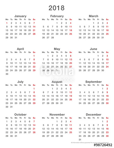 388x500 2018 Calendar Simple Mondays First, Format High Stock Image And