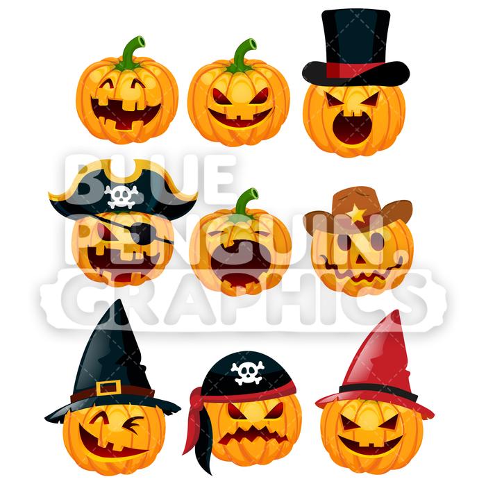 700x700 Halloween 9 Scary Pumpkin Set Vector Cartoon Clipart Illustration