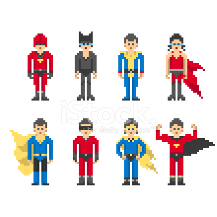 440x440 Superhero Characters In Pixel Art Style Stock Vector