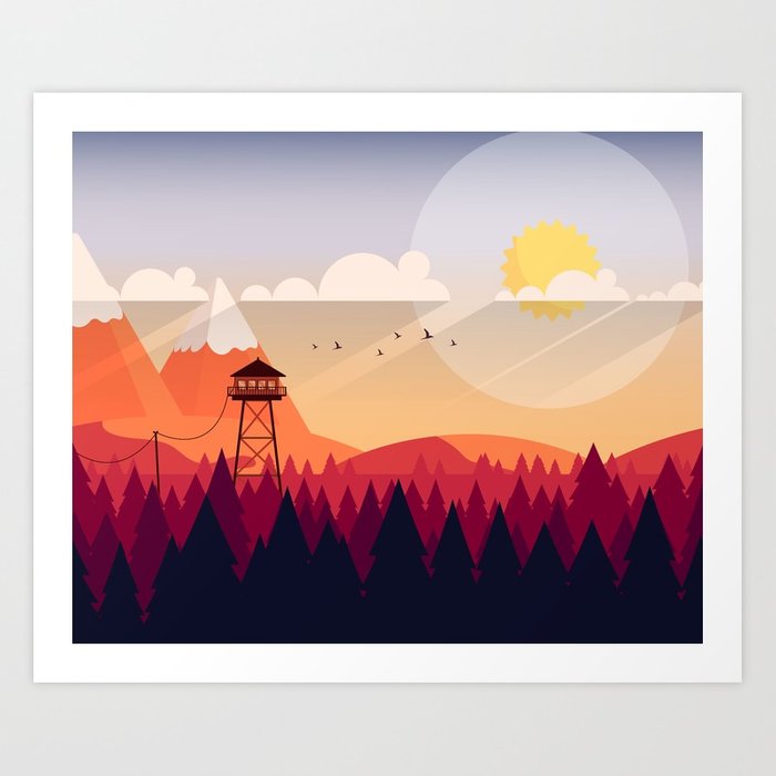 700x700 Vector Art Landscape With Fire Lookout Tower Art Print By
