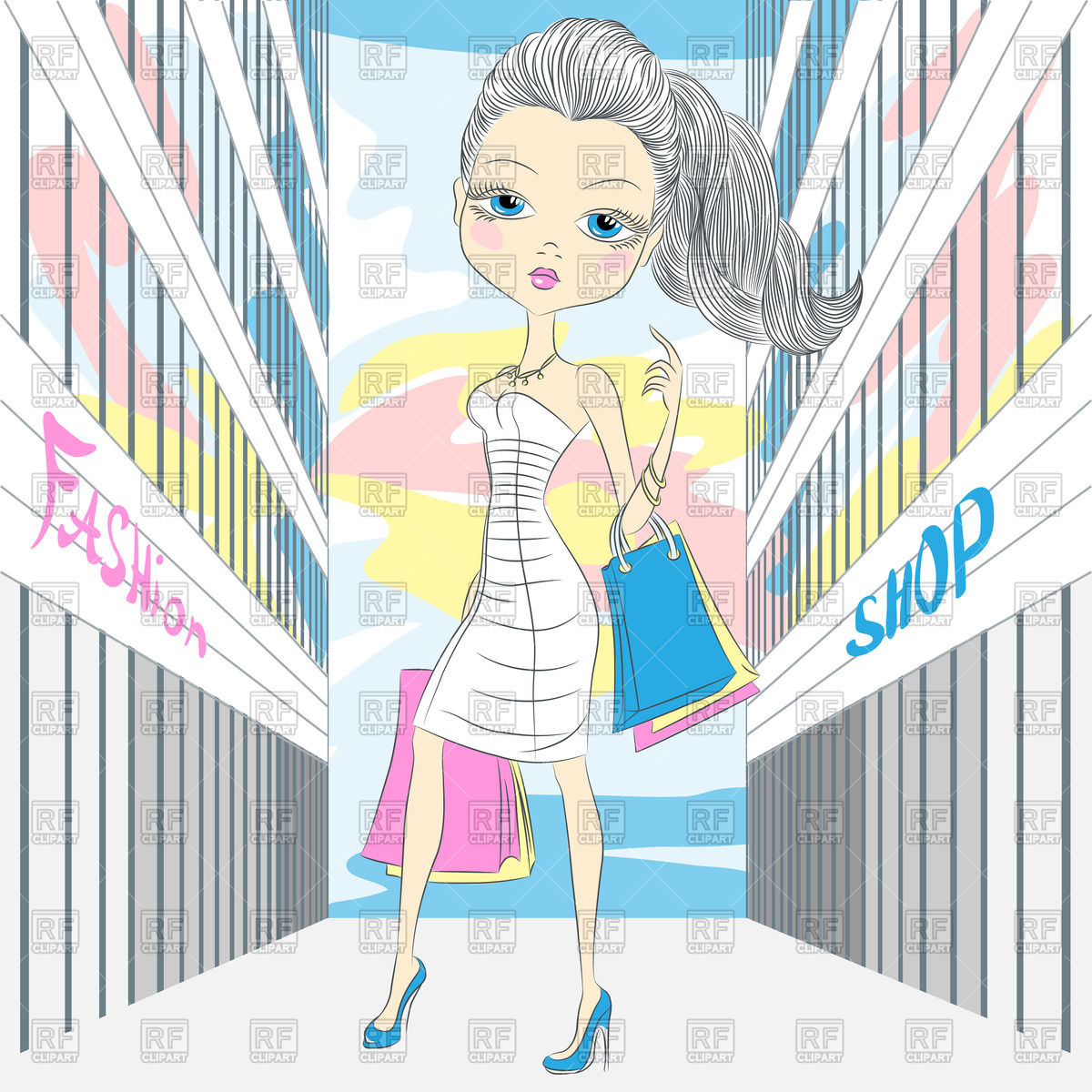 1200x1200 Shopping Woman In White Dress With Paper Bags And Packages