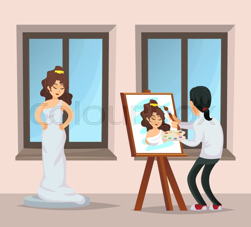 800x725 Young Artist Drawing Portrait Of Beautiful Girl. Male Student In