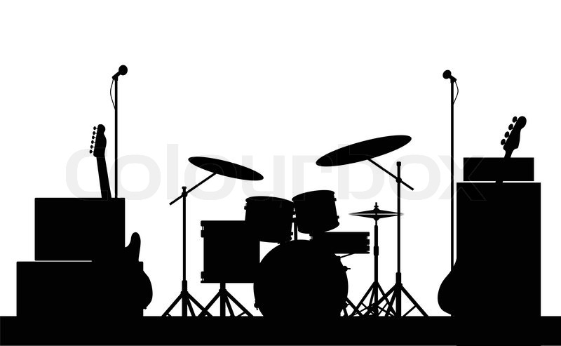 800x493 Silhouette Of A Rock Bands Equipment On Stage Isolated On White