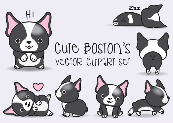 570x408 Premium Vector Clipart Kawaii Boston Terriers Cute Bostons Etsy