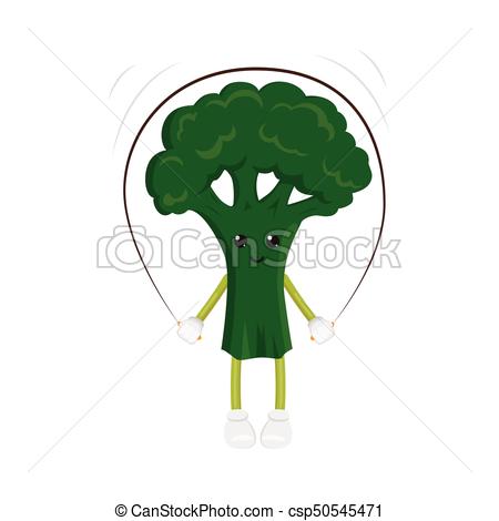 450x470 Vector Broccoli Character, Jumping Rope Exercise. Vector Flat