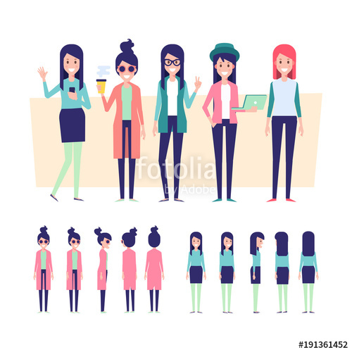 500x500 Young Girls Vector Set. Front, Side, Back View Characters For