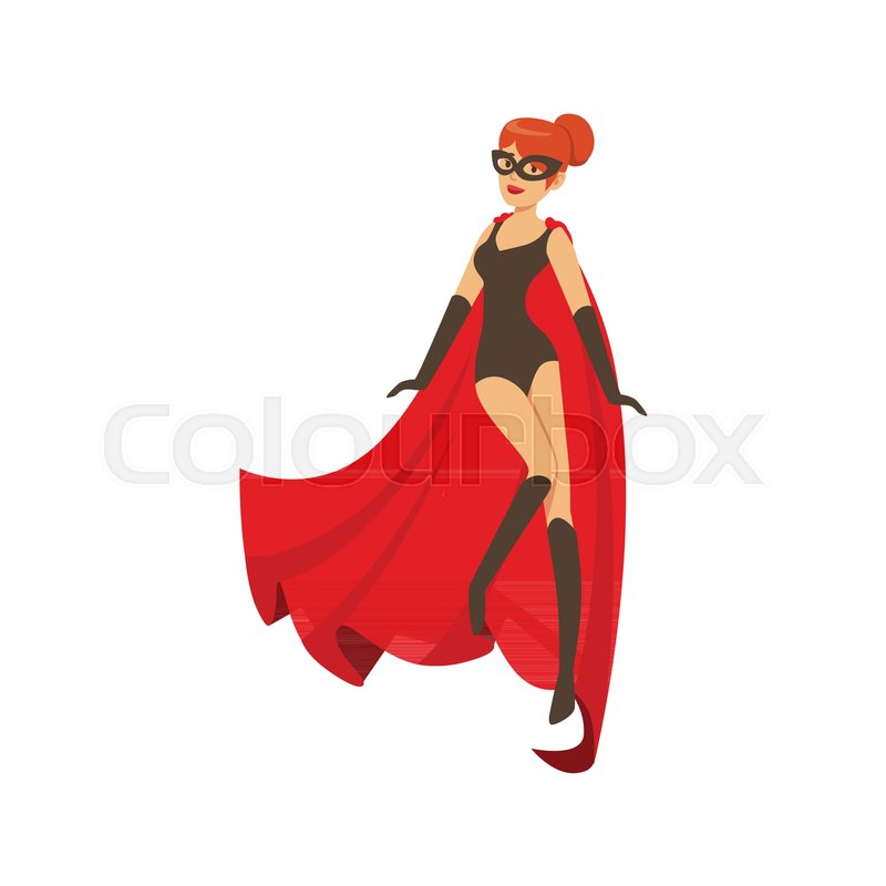 800x800 Woman Superhero In Classic Black Comics Costume With Red Cape And