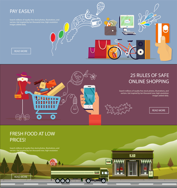 565x600 Online Shopping Banners With Various Colorful Flat Vector Free