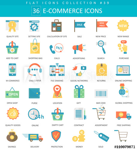 458x500 Vector E Commerce Color Flat Icon Set. Elegant Style Design.