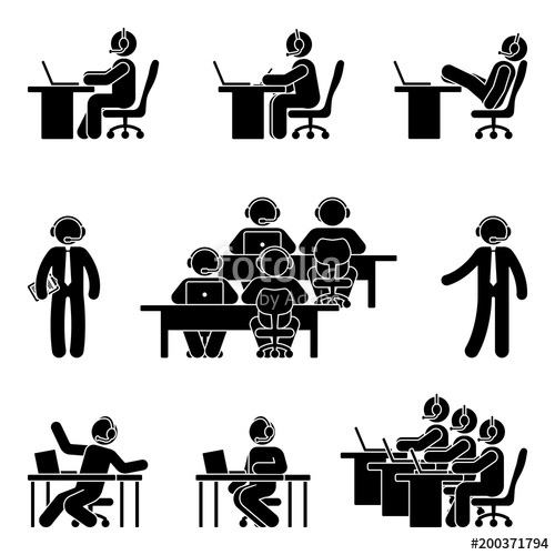 500x500 Stick Figure Working Man Using Computer In Call Center. Vector