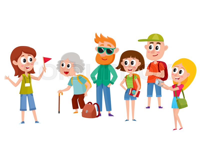 800x564 Tour Guide With Group Of Tourists, Cartoon Vector Illustration