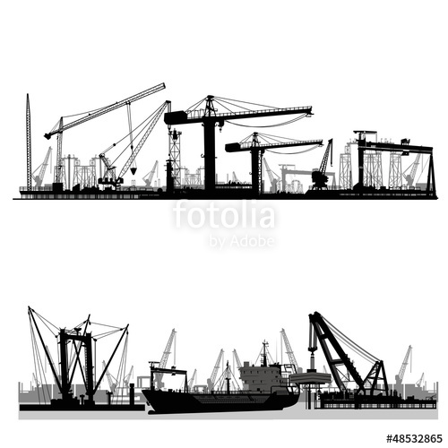 500x500 Shipyard, Harbor Skyline Vector Silhouette Stock Image And