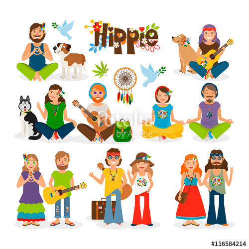 500x500 Hippie Vector Illustration. Barefoot Man With Flowers And Dog And