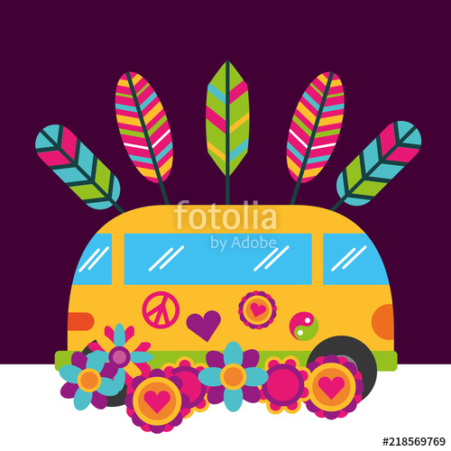 500x500 Hippie Retro Vintage Flowers Van Free Spirit Vector Illustration