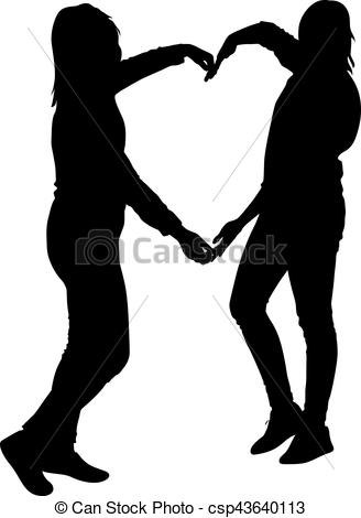 328x470 Silhouette Two Girls Holding Hands In Heart Shape, Vector